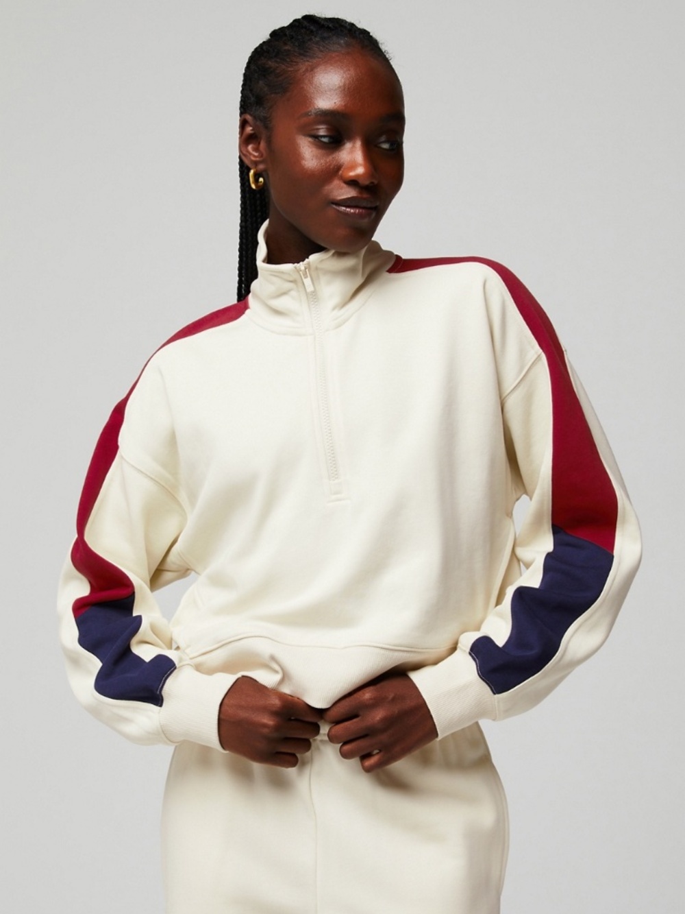 Fabletics Year Round Terry Half Zip Sweatshirt Cream Red Navy Size L NWT
